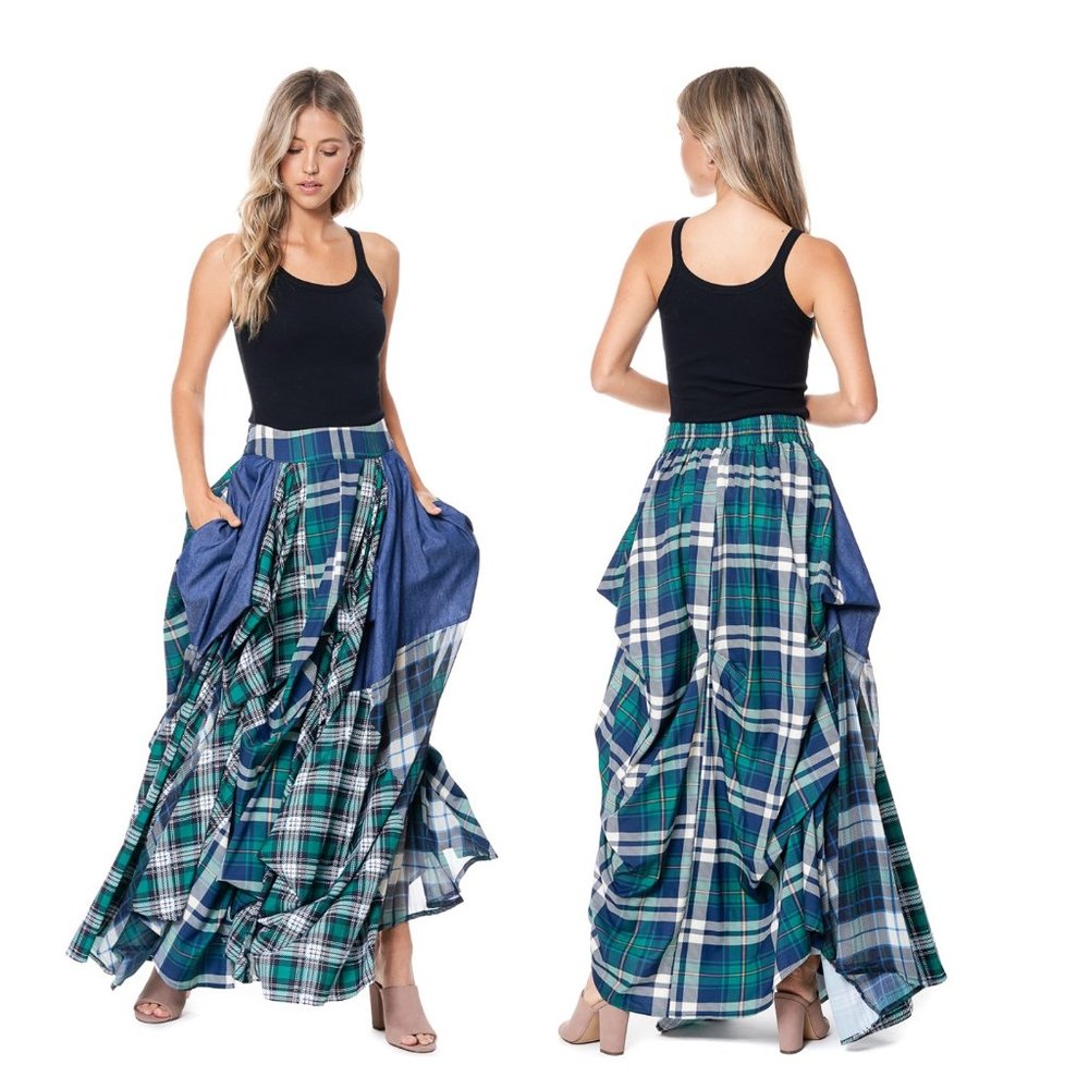 NEW TOV HOLY The Damsel's Blue Green Plaid Flowing Maxi Skirt S M L XL MSRP 216